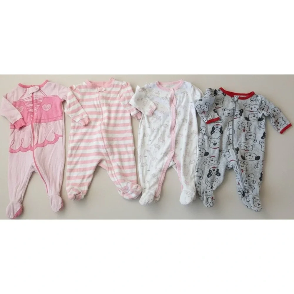 Newborn 0-3 month Baby Girl Sleeper Footed Pajamas Bundle Lot 4 pc